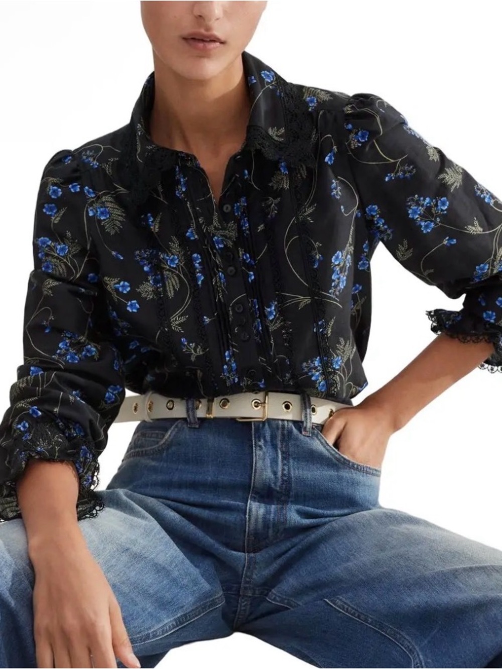 ME+EM SILK COTTON TRAILLING FORGET ME NOT PRINT LACE TRIM BLOUSE